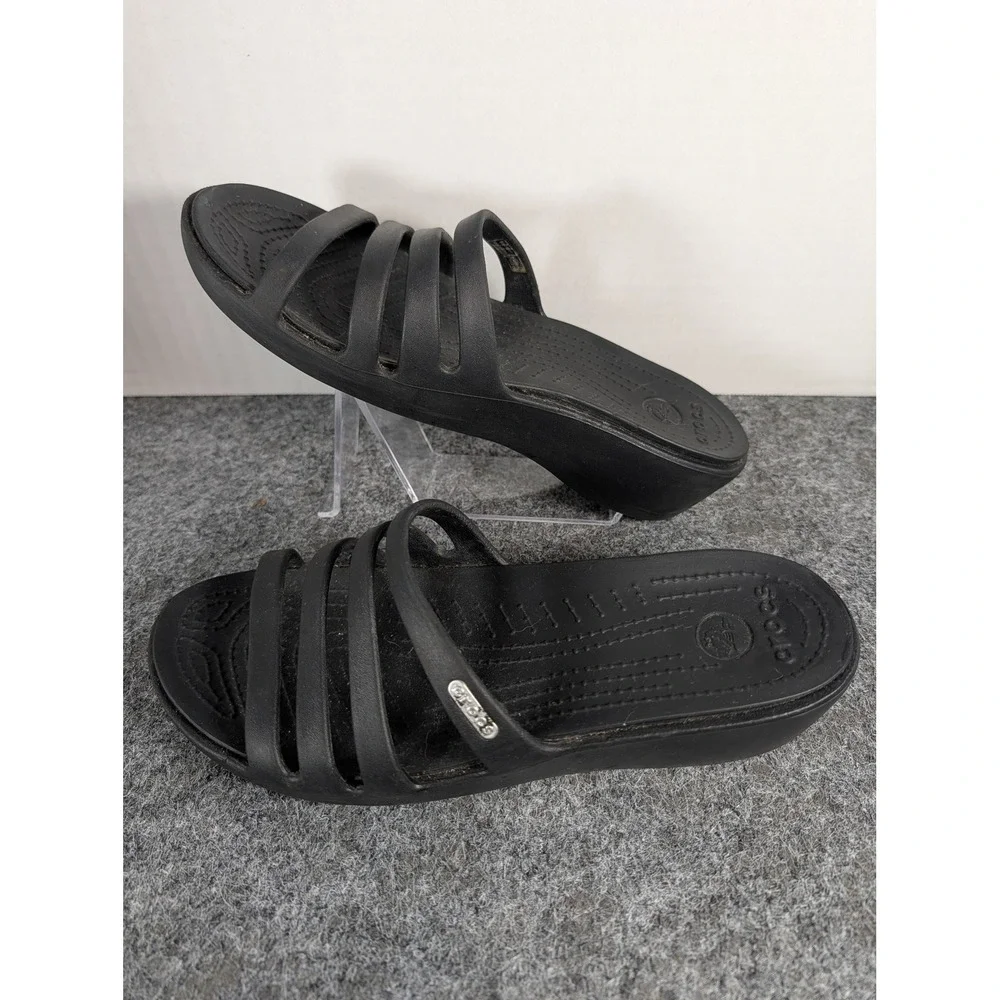 Crocs Monterey Strappy Wedge Sandals Black Slide Shoes Womens Size 8